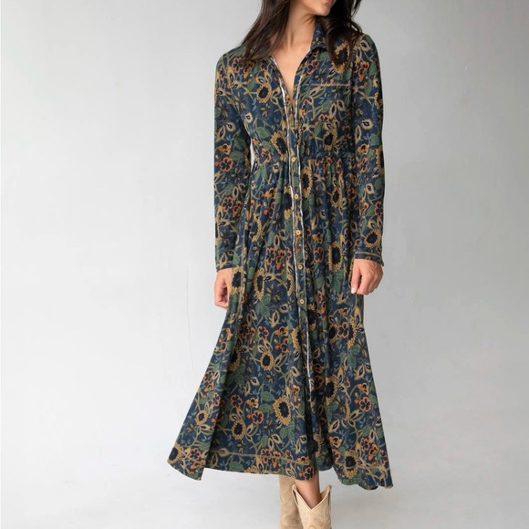 NATURAL LIFE Dresses & Skirts - NATURAL LIFE Floral Long Sleeve Dress - Blue and Gold